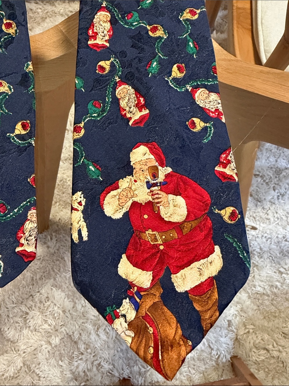 Robert Talbott Navy Tie with Red and Green Vintage Santa